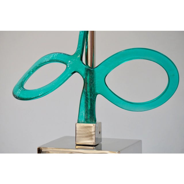 Italian Silver Color Nickel With Aqua Blue Murano Glass Swirls Lamps - a Pair - in Showroom For Sale In New York - Image 6 of 11