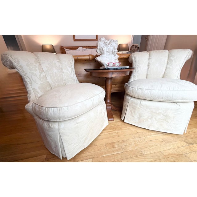 Custom Scallop Backed, Skirted Slipper Chairs in Cloud Dancer Damask, a Pair For Sale - Image 17 of 18