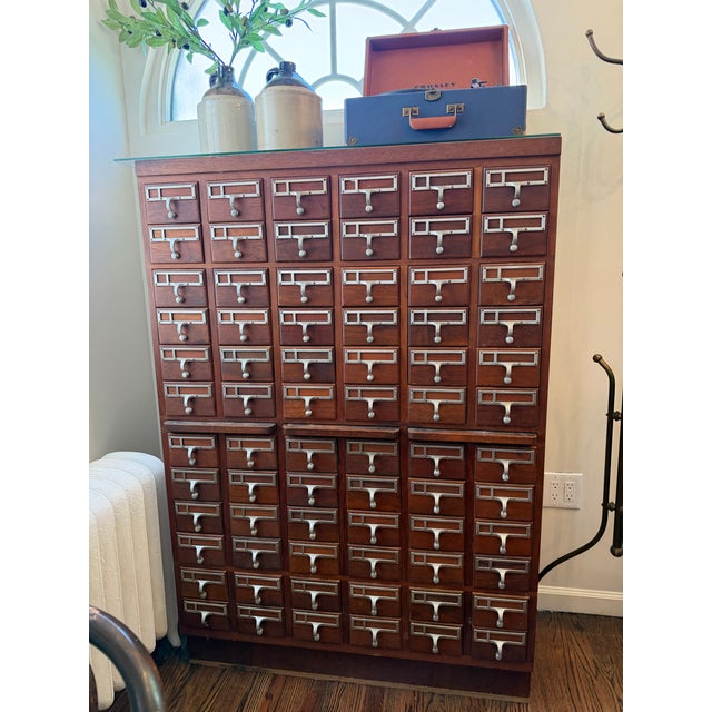 1950s Vintage Library Card Catalog Cabinet- Large Solid Wood Apothecary Style For Sale - Image 5 of 10