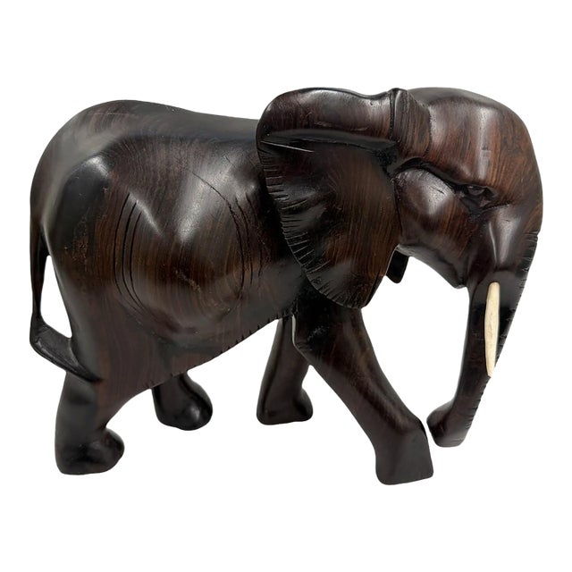 Mid-20th Century Hand-Carved Solid Ebony African Elephant Sculpture For Sale