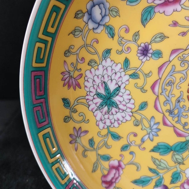 White Chinese Ceramic Plate,Qianlong Marked Famille Yellow Ground Rose Porcelain Plate Hand Painted Flowers Pattern For Sale - Image 8 of 11