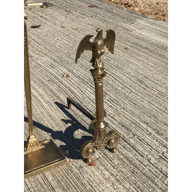 Hollywood Regency Pair of Cast Brass Federal Style Eagle Andirons For Sale - Image 3 of 9