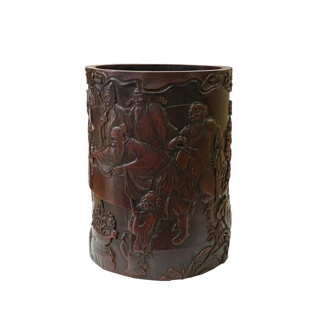 Chinese Chinese Bamboo Relief Scholars Motif Carving Brush Pen Holder Art For Sale - Image 3 of 8