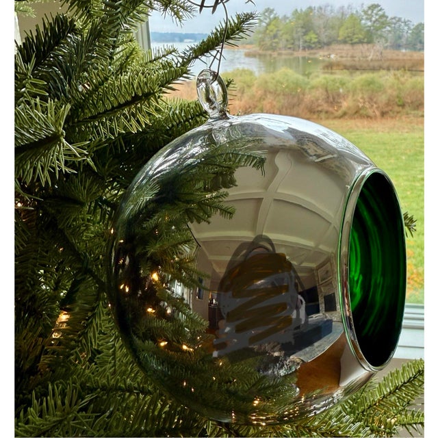 1990s 1990s Set of Two Oversized 14″ Two’s Company Blown Glass Ornaments – Silver Mirror With Green & Magenta Interiors For Sale - Image 5 of 8