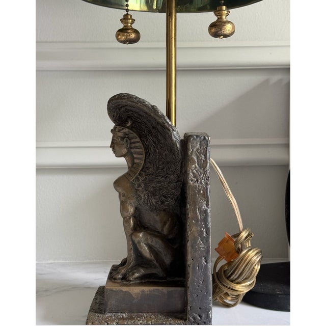 Hollywood Regency Vintage Egyptian Revival Griffin Sphinx Table Lamp With Black Metal Shade For Sale - Image 3 of 10
