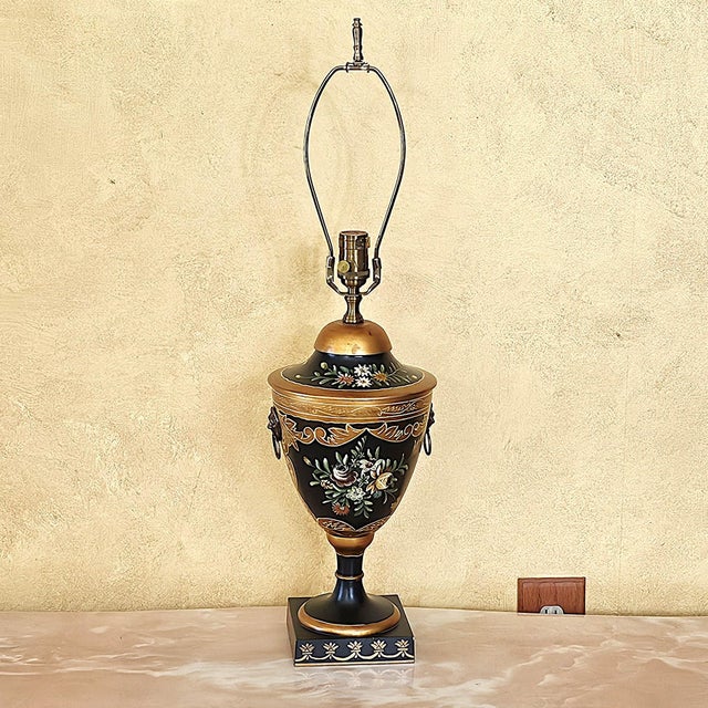 Wildwood Hand Painted Toleware Urn Table Lamp, Rocky Mount Nc, Floral Black & Gold For Sale - Image 15 of 18