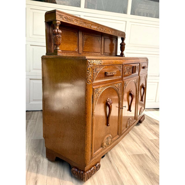 1920s 1920s Art Deco Carved Oak Sideboard Cabinet With Removable Gallery Top For Sale - Image 5 of 18