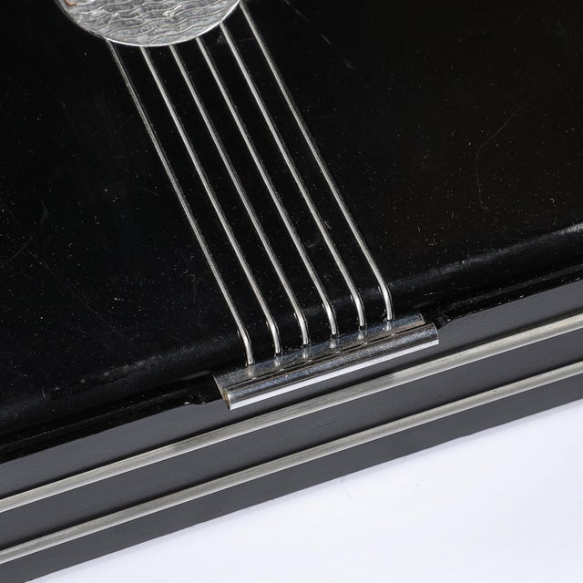 Plastic Art Deco Machine Age Aluminum Silvered Crest Lacquered Box W/ Bakelite Handles For Sale - Image 7 of 12