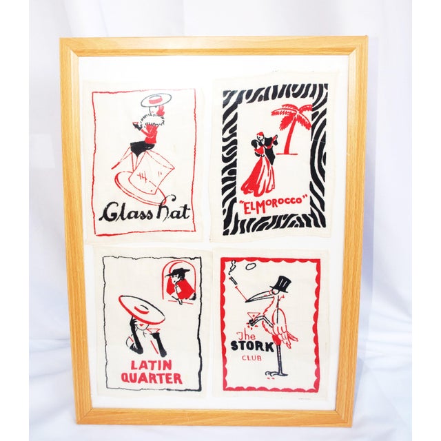 A nice collection of 16 screen printed linen bar napkins from well-known but gone night clubs. They are framed in four...