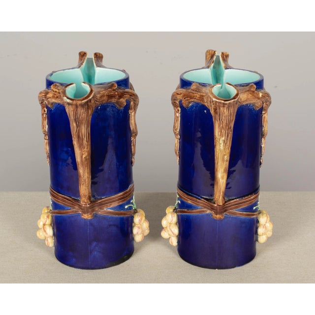 French Country 1920s French Majolica Pitchers or Vases - a Pair For Sale - Image 3 of 10