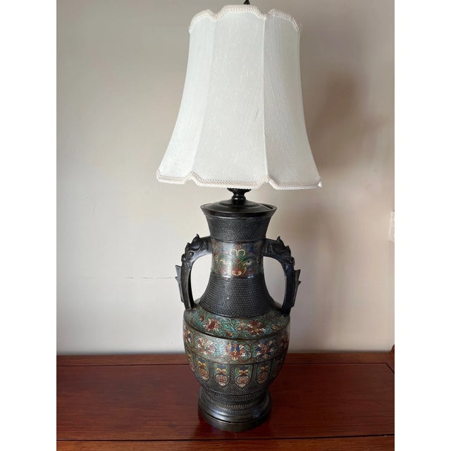 Metal Large 42" Chinese CloisonnÃ© & Bronze Taotie Hu Vase Table Lamp For Sale - Image 7 of 15