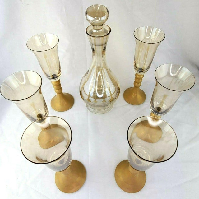 Contemporary Late 20th Century Bombay Glass Decanter Set 6 Glasses Gold Frosted Stems Made in Poland For Sale - Image 3 of 13