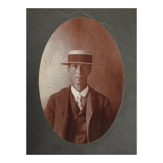 Early 20th Century Sepia Portrait of Man in Boater Hat Photograph For Sale