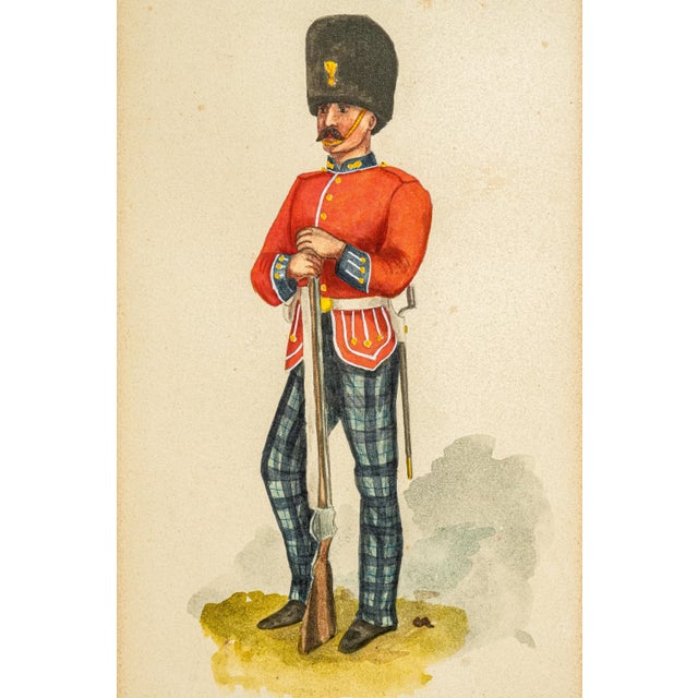 wonderfully evocative antique watercolor portrait of a standing Highland soldier, this finely detailed work captures the...