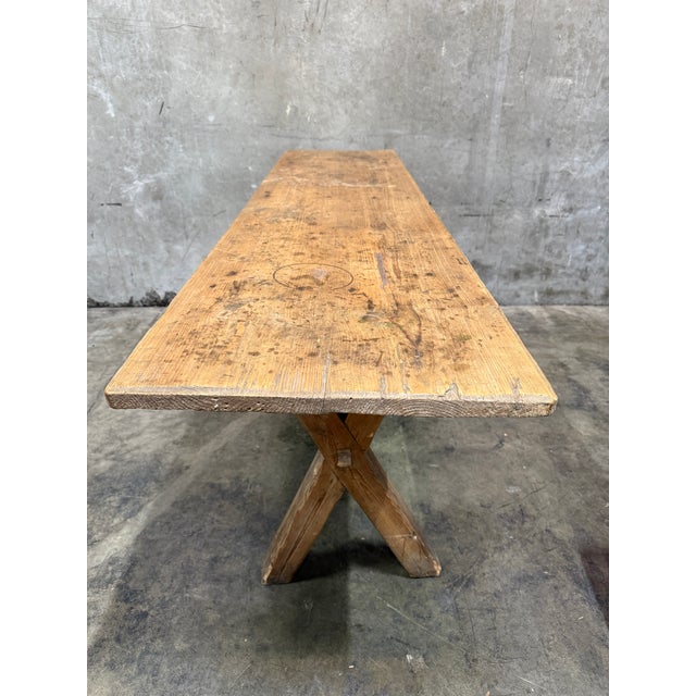 Wood Antique Swedish Pine Sawbuck Console Table X Base Trestle Scrubbed Primitive 79 For Sale - Image 7 of 7