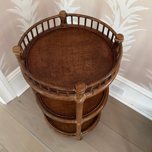 McGuire Vintage McGuire Porto Petite Three-Tier Rattan End Table on Casters For Sale - Image 4 of 12