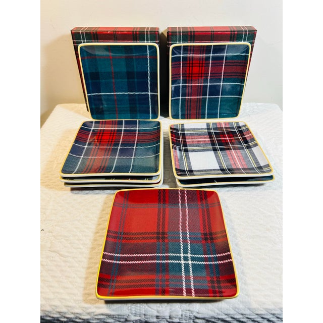 2010s Williams & Sonoma Gold Banded Tartan Square Appetizer Plates ~ Set of 8 For Sale - Image 5 of 7