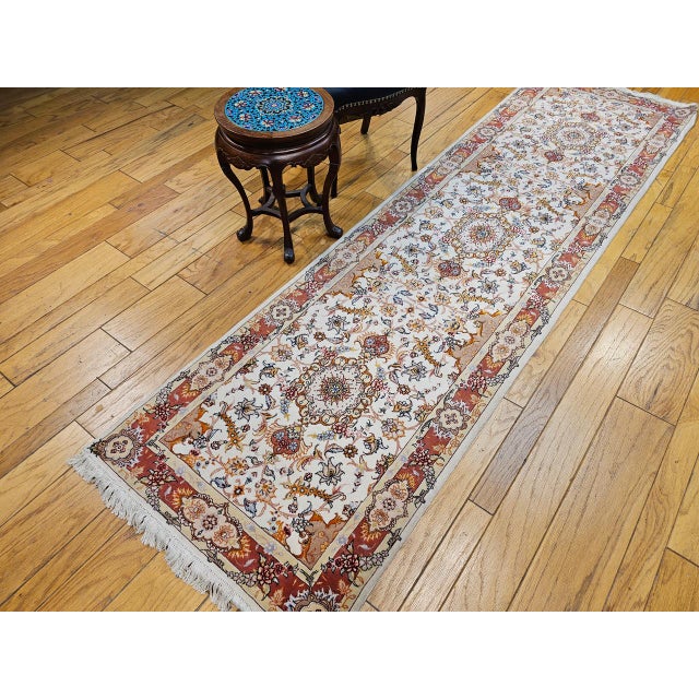 Textile Vintage Persian Tabriz Runner, Fine Hand-Knotted Wool & Silk, Floral Design, Ivory & Red, 3x11 For Sale - Image 7 of 16