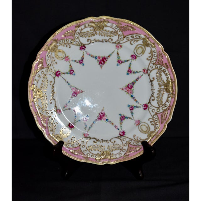 White Antique Painted Porcelain Plate Nippon Encrusted Gold Pink Rose Garlands For Sale - Image 8 of 15