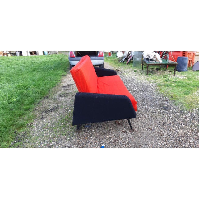Vintage sofa in red and black fabric, iron frame, 140cm bed, with mattress, removable cover, 3 positions: standard, semi-...
