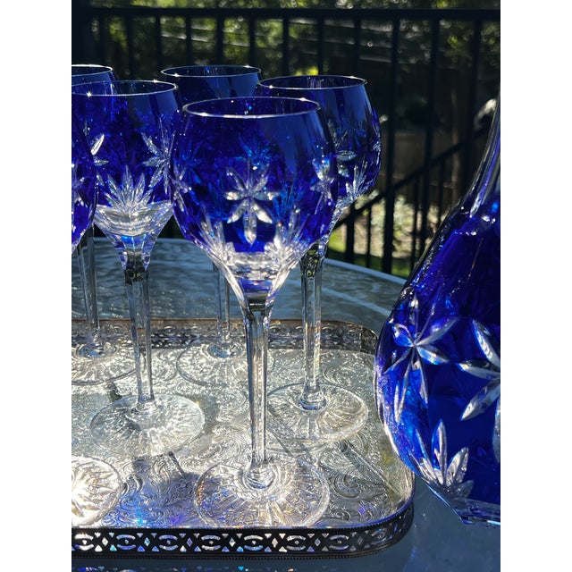 1980s Vintage Set of 9 Horst Belda Germany Sapphire Cut-to-Clear Wine Hocks With Matching Decanter - 10 pcs For Sale - Image 5 of 12