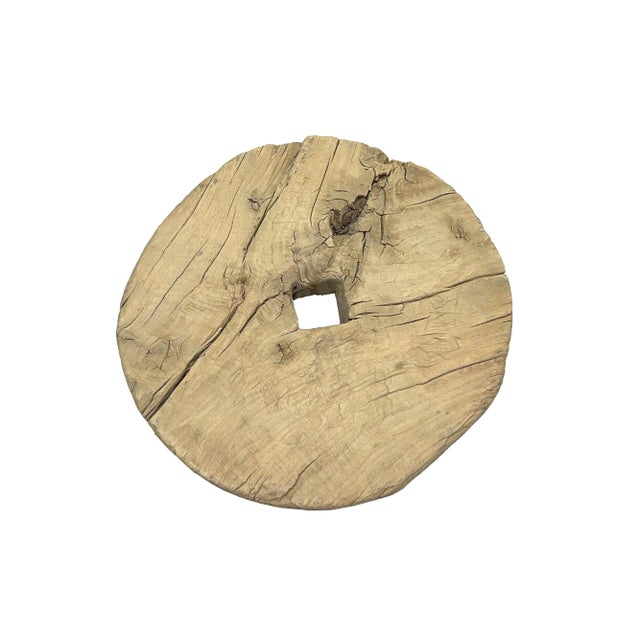 1990s 19" Vintage Rustic Thick Old Wheel Round Tri Legs Side Table Ws4308S For Sale - Image 5 of 5