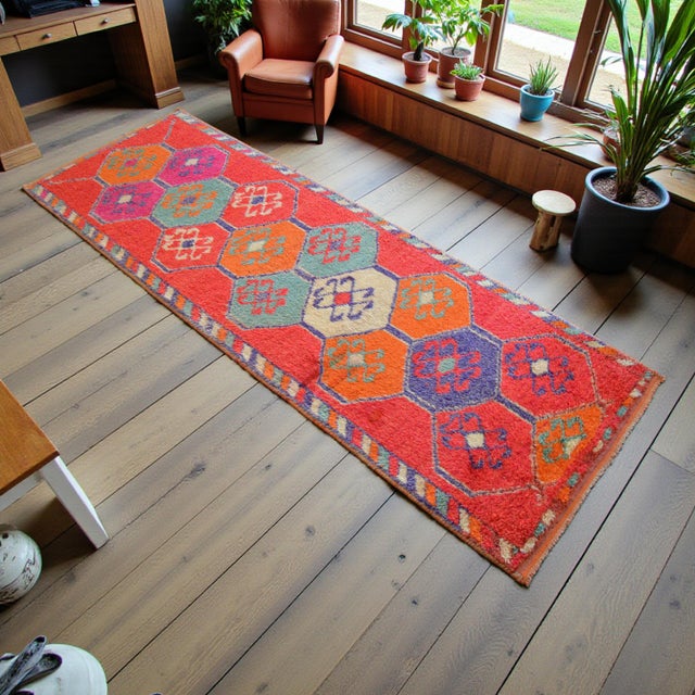 This exceptional 1960s East Anatolian runner rug exemplifies the spirited tradition of Turkish village weaving,...