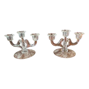 1940s Cambridge Wildflower Etched Crystal Corinth Candelabras - a Pair
