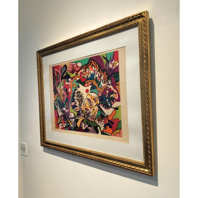 Vibrant limited-run lithograph by MOMA exhibited artist, Charles Lapicque. Asian-inspired jungle scene with a tiger...