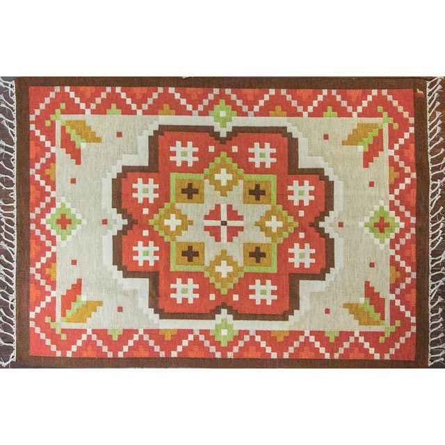 20th century Swedish flat-weave carpet. Appealing and memorable flat-woven designs of the mid-20th century. Handwoven...