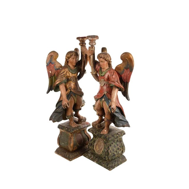 17th Century Venetian Polychrome & Giltwood Angel Torchères - A Pair For Sale