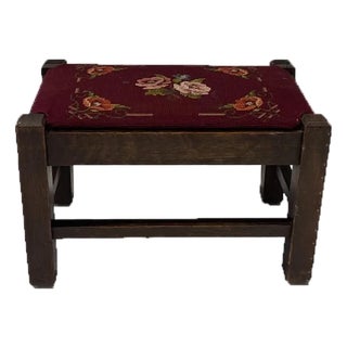 Antique English Country / Ralph Lauren Style Needlepoint Footstool – Petite Rustic Stool For Sale