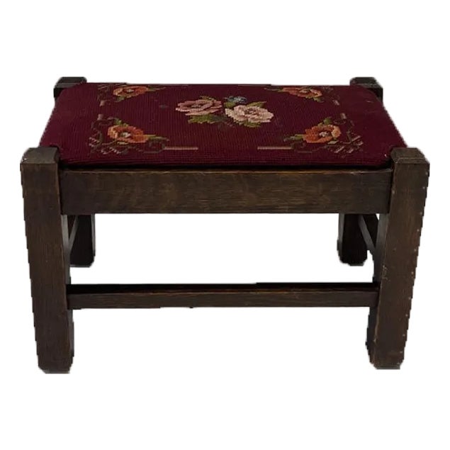 Antique English Country / Ralph Lauren Style Needlepoint Footstool – Petite Rustic Stool For Sale