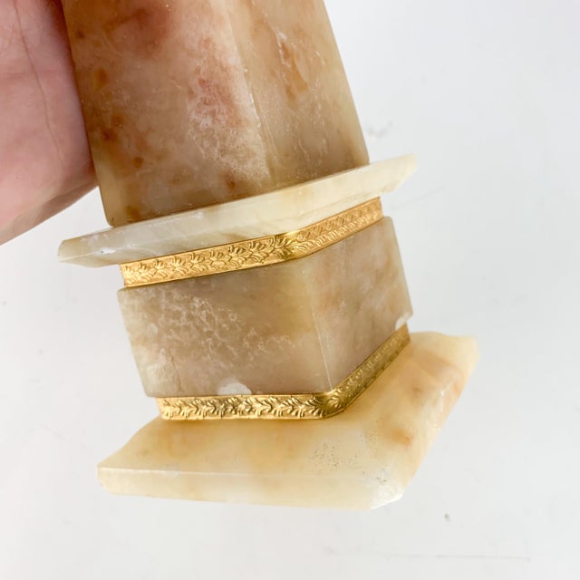 Vintage Egyptian Alabaster Stone Obelisk Hand Carved Gold Trim Sculptured For Sale - Image 9 of 10
