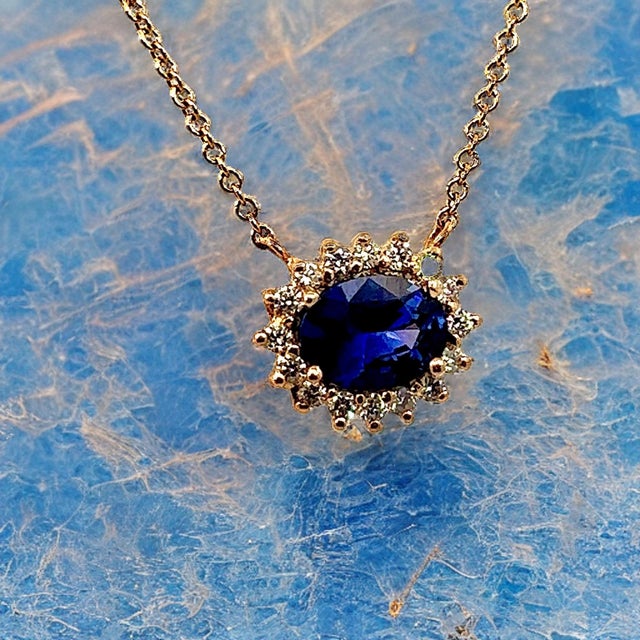 Blue Natural Sapphire Diamond Halo Pendant With Chain 18" 14k YG 1.67 TCW Certified For Sale - Image 8 of 15