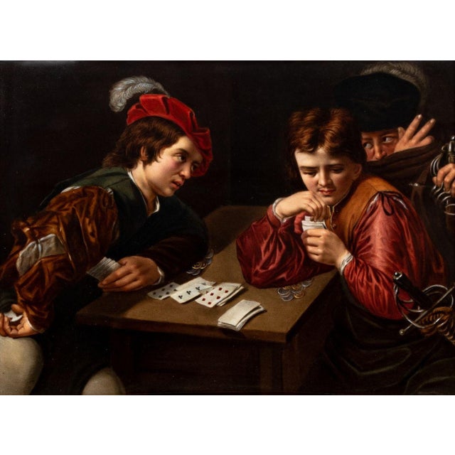 After Caravaggio "Die Falschspieler" [The Cardsharps] KPM Porcelain Plaque, impressed "K.P.M. / F" marks to reverse,...