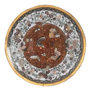Antique Meiji Japanese Cloisonne Goldstone Enamel Plate With Butterflies