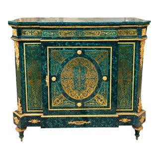 Grand French Louis XVI Bottle Green Commode Cabinet With Lock, Gold Leaf & Bronze Ormolu For Sale