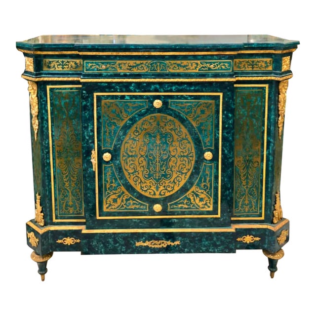 Grand French Louis XVI Bottle Green Commode Cabinet With Lock, Gold Leaf & Bronze Ormolu For Sale