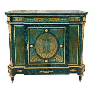 Grand French Louis XVI Bottle Green Commode Cabinet With Lock, Gold Leaf & Bronze Ormolu