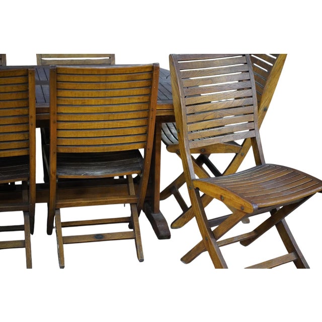 Wood Les Jardins Teak Wood Patio Table and Eight Chairs Set Signed Outdoor Dining For Sale - Image 7 of 15