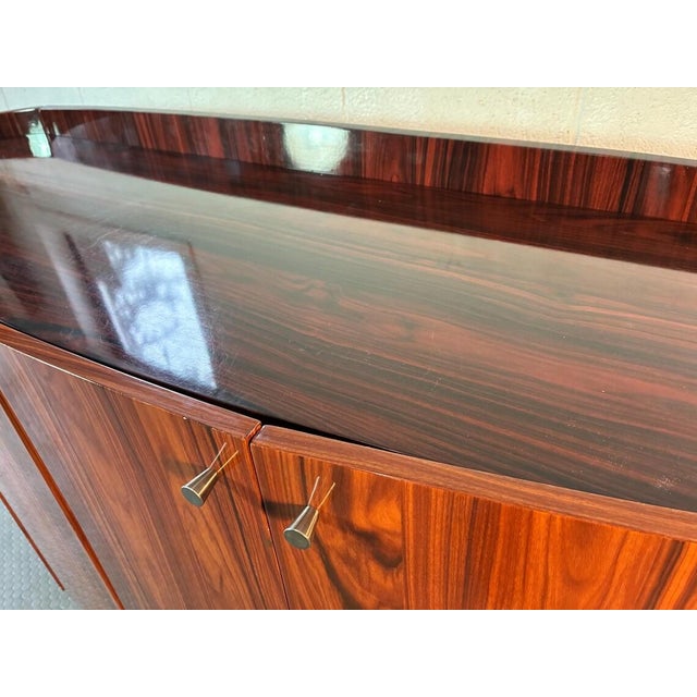 Vintage Rosewood Credenza | Mid-Century Modern Curved End Sideboard With Chrome Pulls | Danish Modern Polished Wood Storage Cabinet For Sale In New York - Image 6 of 10