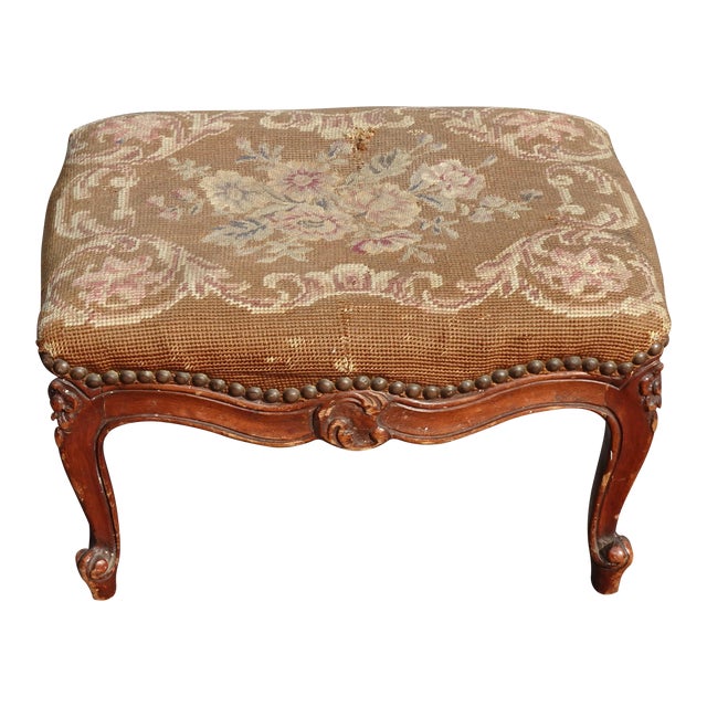 Antique French Country Brown Floral Needlepoint Footstool Chairish