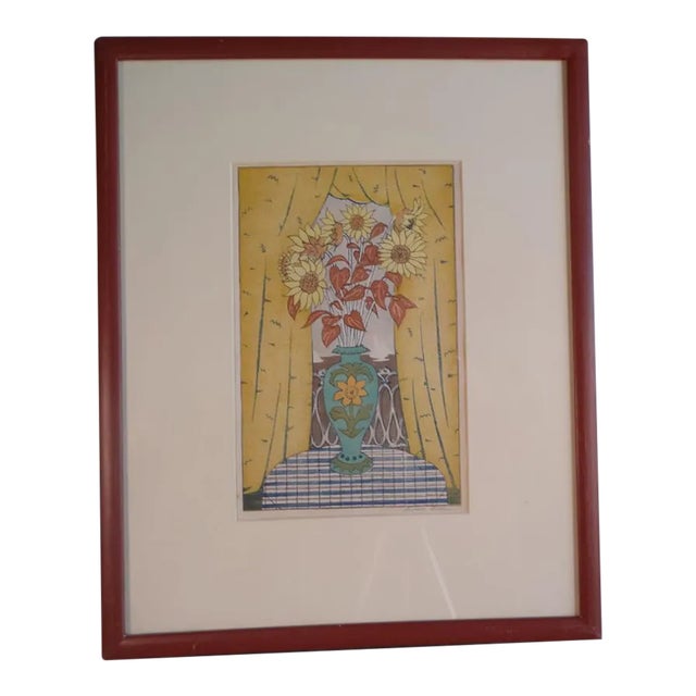 Mid 20th Century "The Bouquet Green (Vase, Yellow Curtains)" Still Life Block Print by Anders Aldrin, Framed For Sale