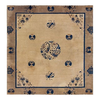 1920s Beige Field Art Deco Style Antique Chinese Peking Rug 9' X 9'6" Square For Sale