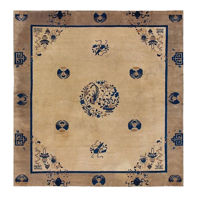 1920s Beige Field Art Deco Style Antique Chinese Peking Rug 9' X 9'6" Square For Sale