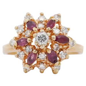 14k Yellow Gold Marquise Cut Ruby & Round Cut Diamond Cluster Ring Size 8