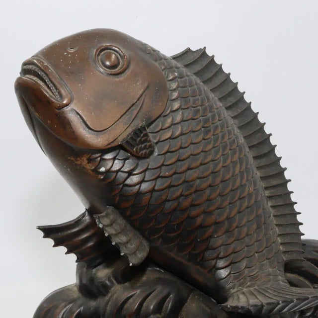 Meiji Early 1900s Japanese Bronze Fish Carp Sea Bream Koi Waves Sea on