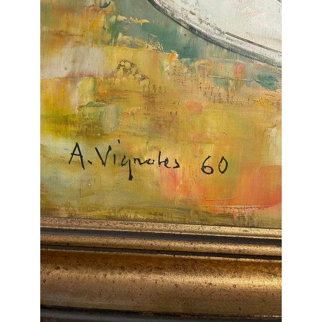 Mid 20th Century André Vignoles, French Oil Painting Andre Vignoles Farm Kitchen, Wine Flask, Fruits, Vegetables For Sale - Image 5 of 10