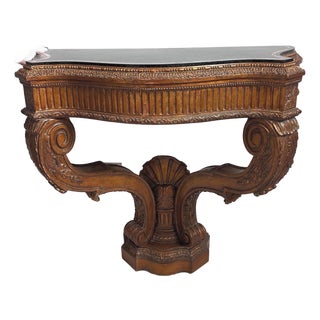 Vintage Maitland Smith stone-top table // tesselated black granite and limestone // carved demilune // wall-mount table // no free shipping For Sale